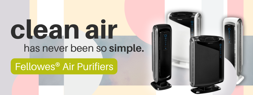 Image of 4 Fellowes air purifiers on pink and light blue background. Image text reads "Clean air has never been so simple." Over green button with text "Fellowes Air Purifiers"
