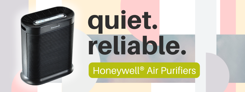 Image of Honeywell air purifier on pink and light blue background. Image text to the right reads "Quiet. Reliable." above green button that reads "Honeywell Air Purifiers"